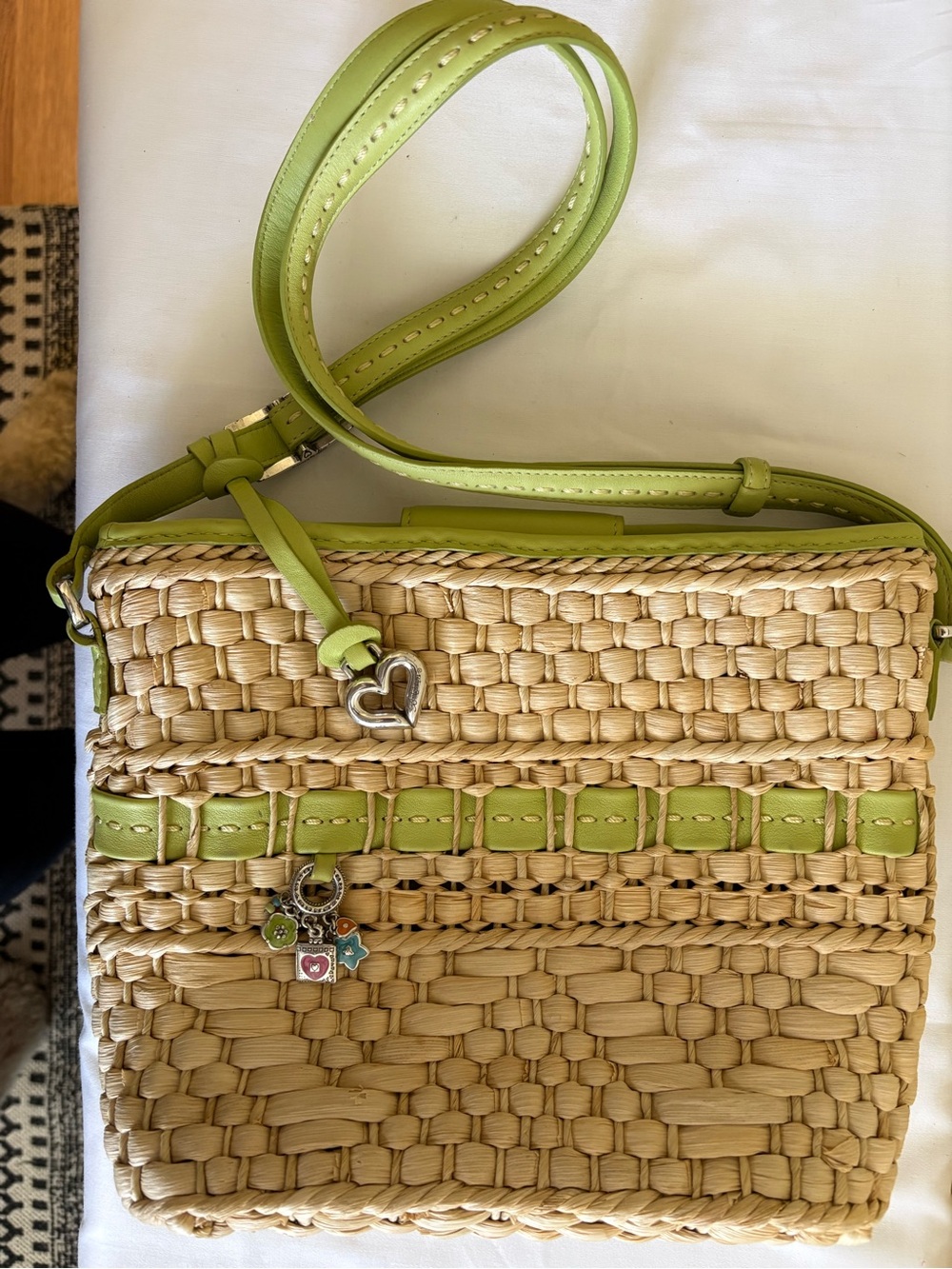 Brighton Straw Shoulder Bag with Lime Green Leather Trim - Picture 2 of 6